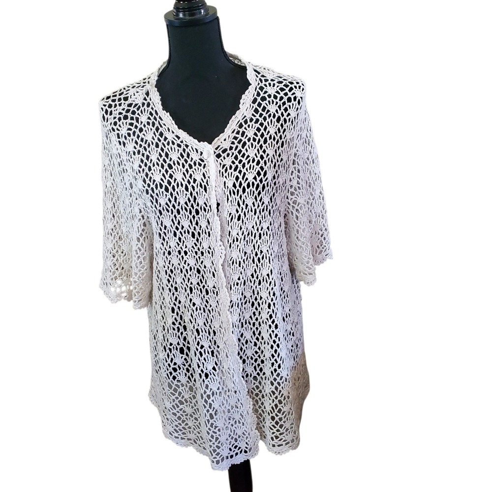 KSL Karin Stevens Crochet Knit Cardigan Cream Duster 2X Ramie Cotton Boho 3576